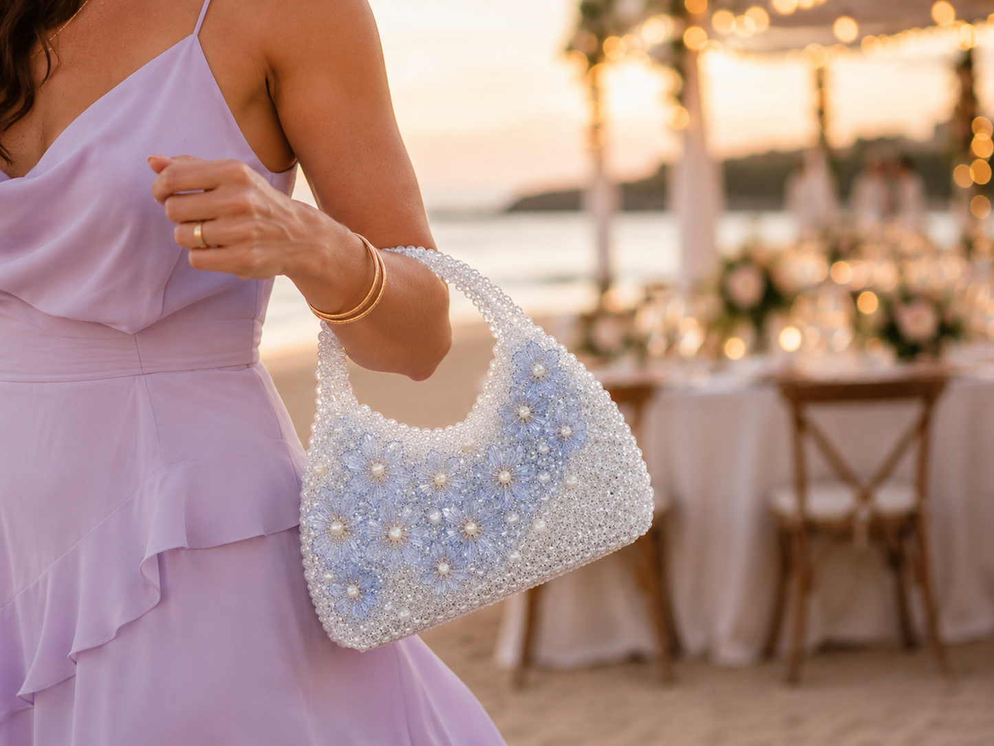 Ice Blue Floral Crystal Beaded Handbag