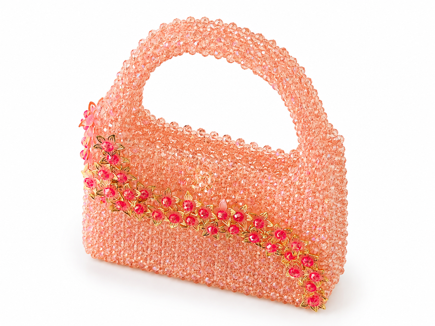 Peach Crystal Beaded Floral Handbag