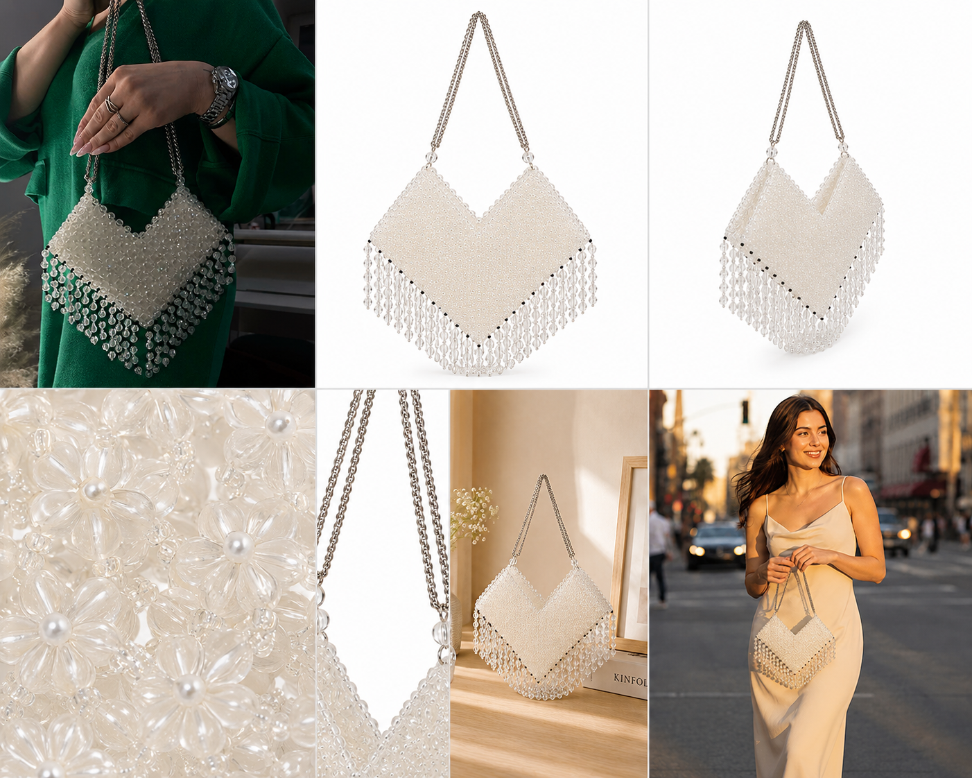 Ivory Crystal Beaded Fringe Shoulder Bag