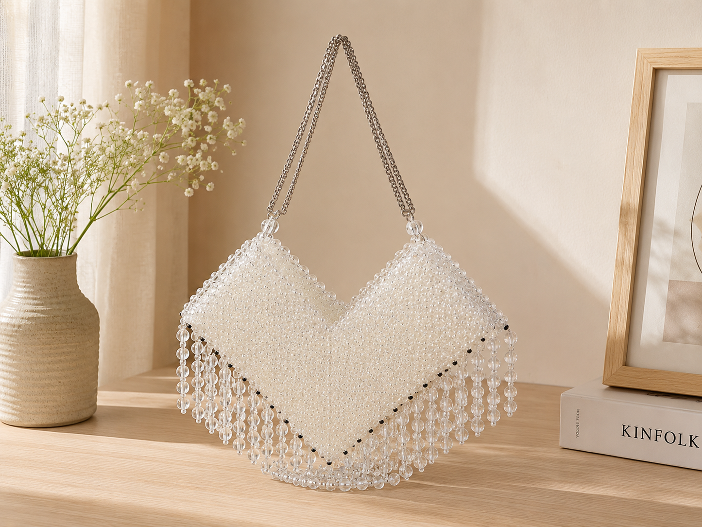 Ivory Crystal Beaded Fringe Shoulder Bag