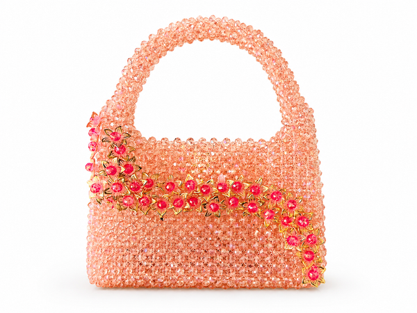 Peach Crystal Beaded Floral Handbag
