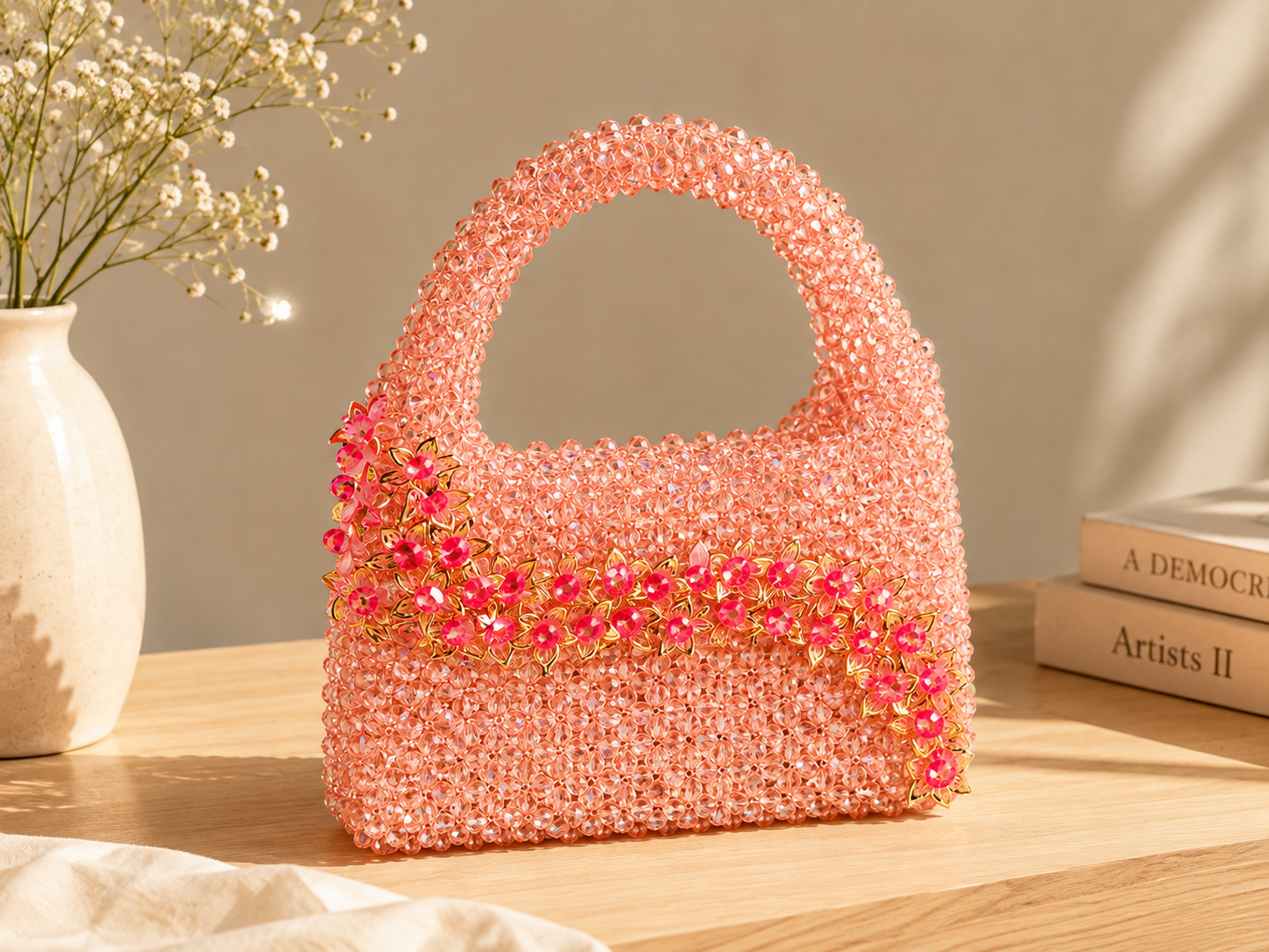 Peach Crystal Beaded Floral Handbag