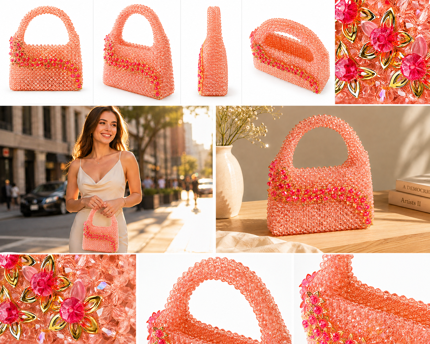 Peach Crystal Beaded Floral Handbag
