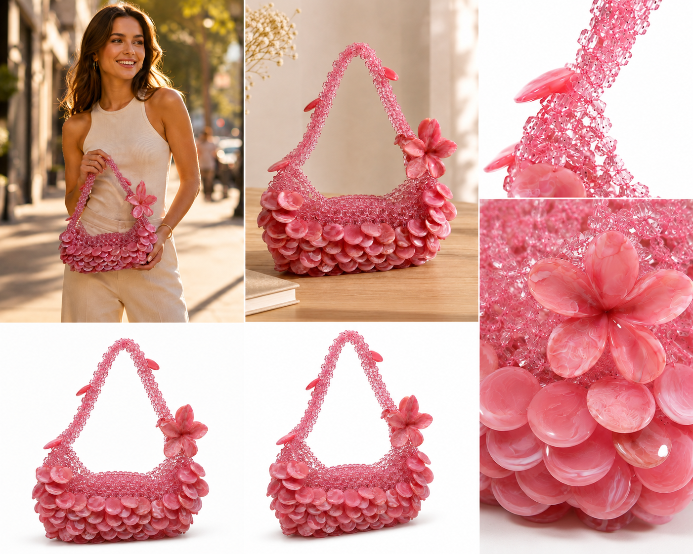 Rose Pink Floral Beaded Handbag