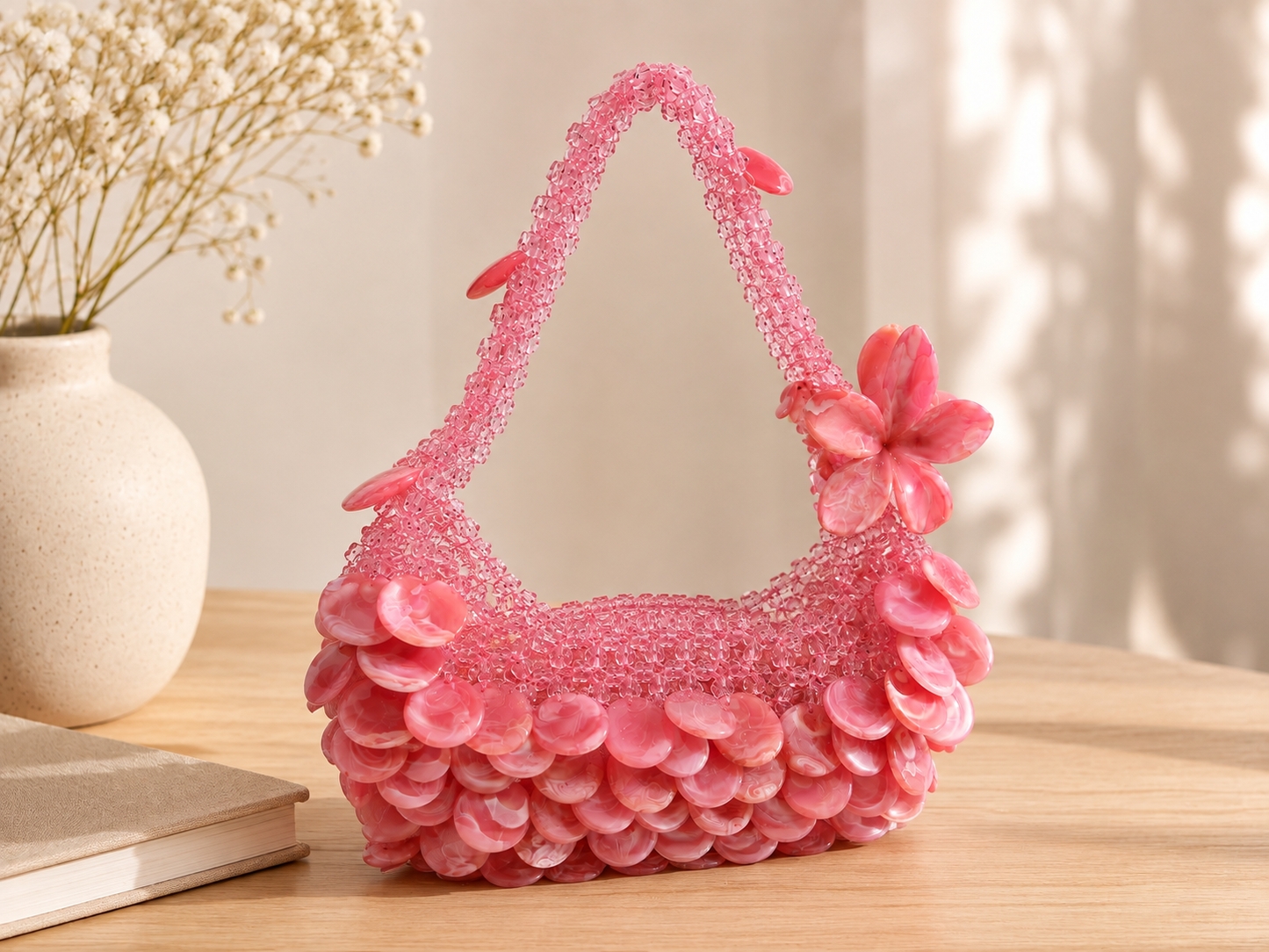 Rose Pink Floral Beaded Handbag