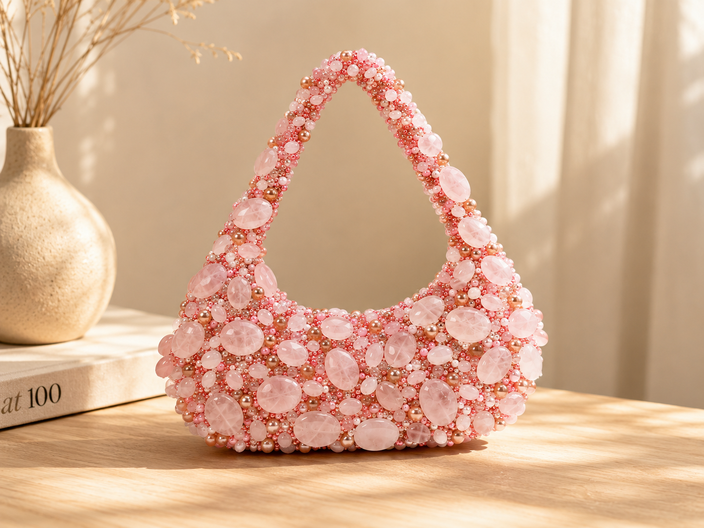 Blush Pink Beaded Handbag – Rose Pearl Statement Shoulder Bag