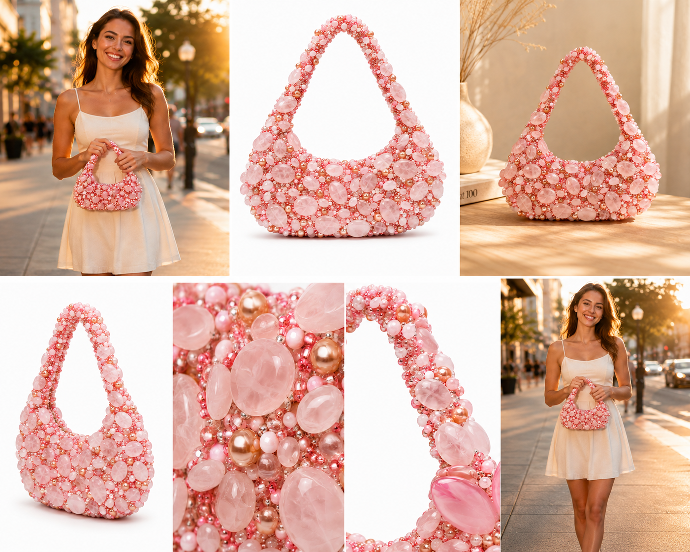 Blush Pink Beaded Handbag – Rose Pearl Statement Shoulder Bag