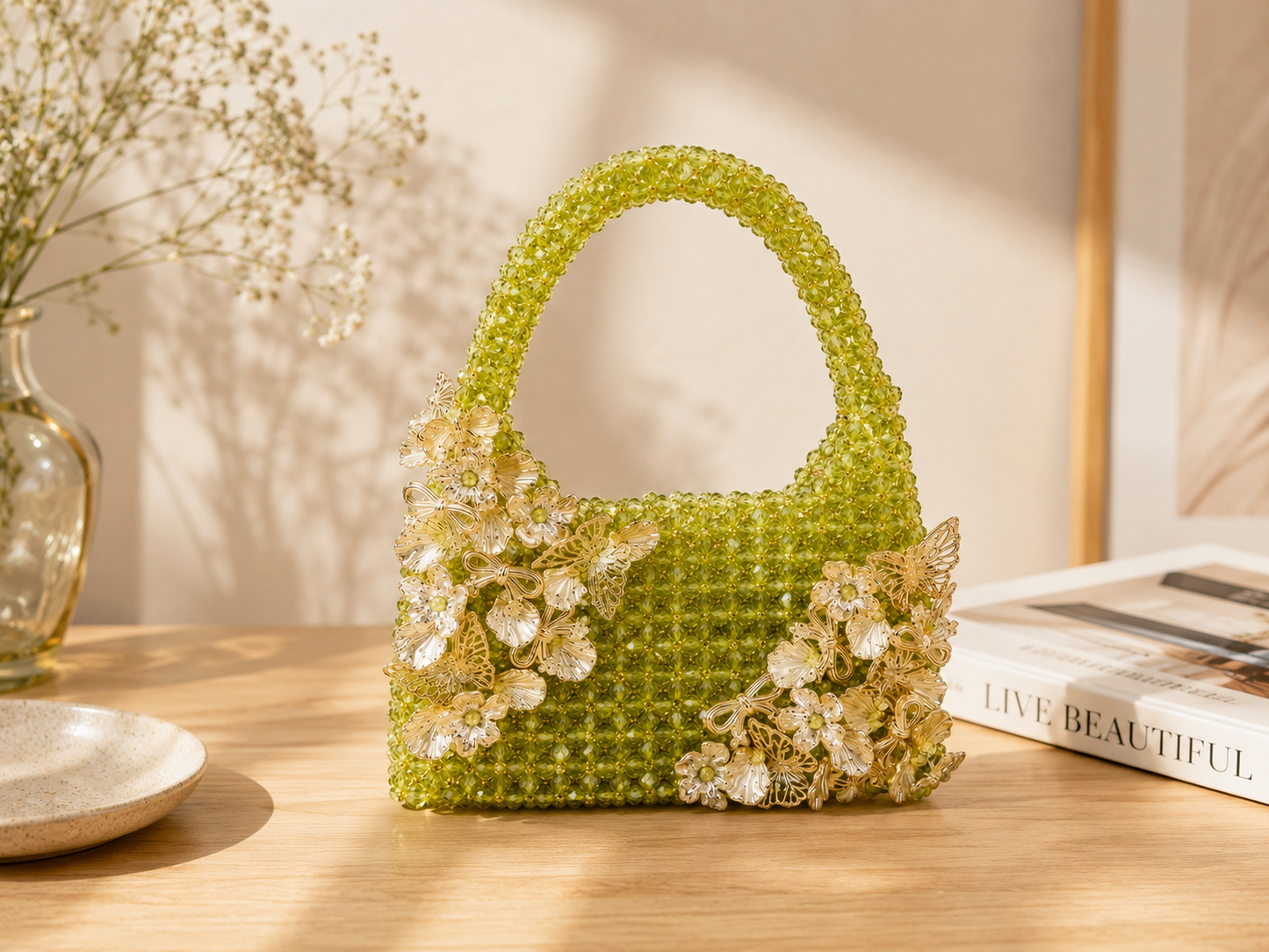 Lime Green Floral Beaded Handbag