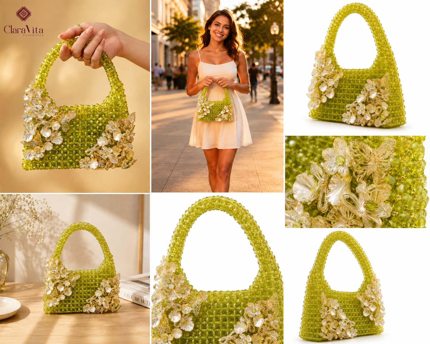 Lime Green Floral Beaded Handbag