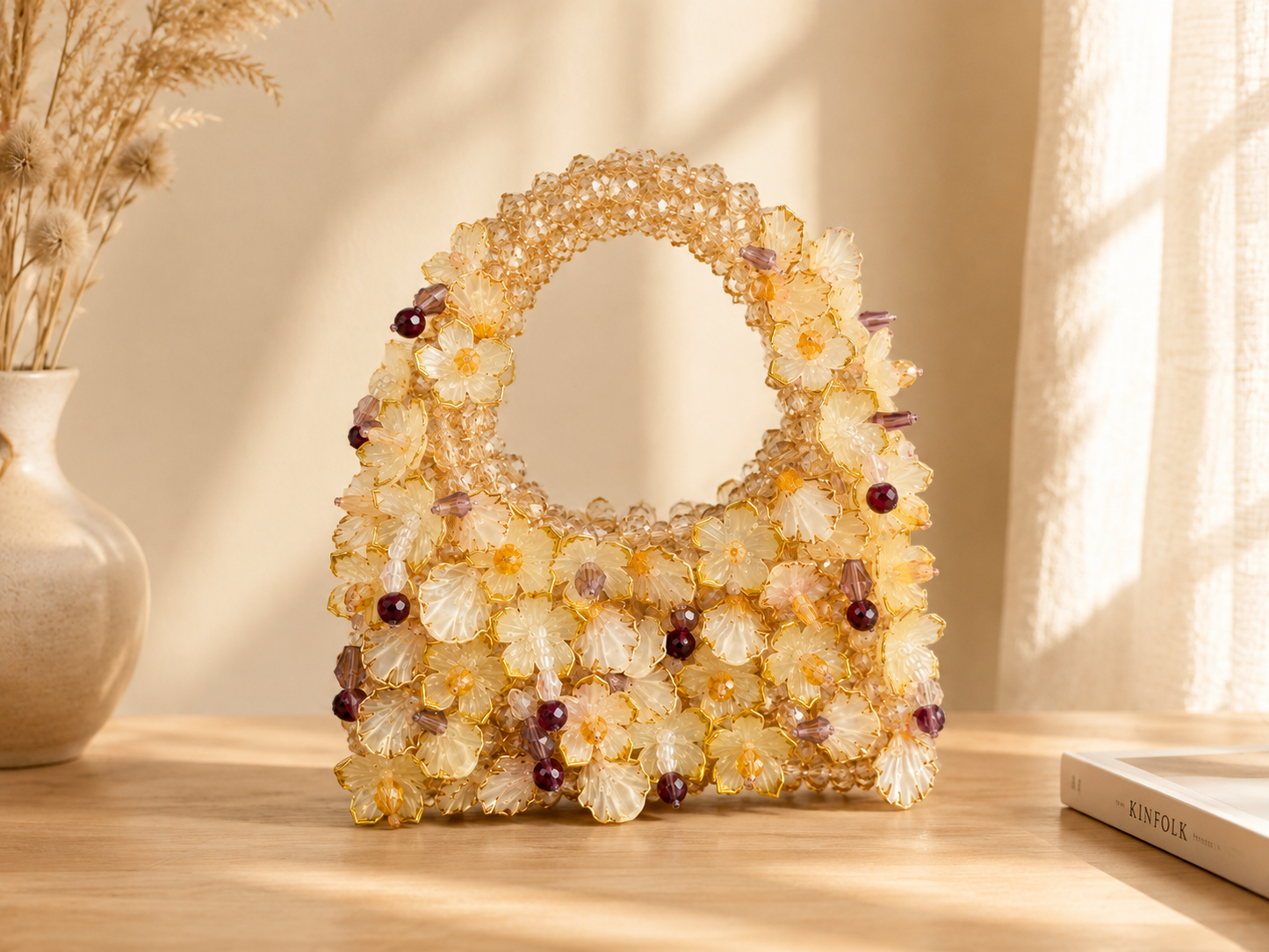 Champagne Gold Floral Beaded Handbag