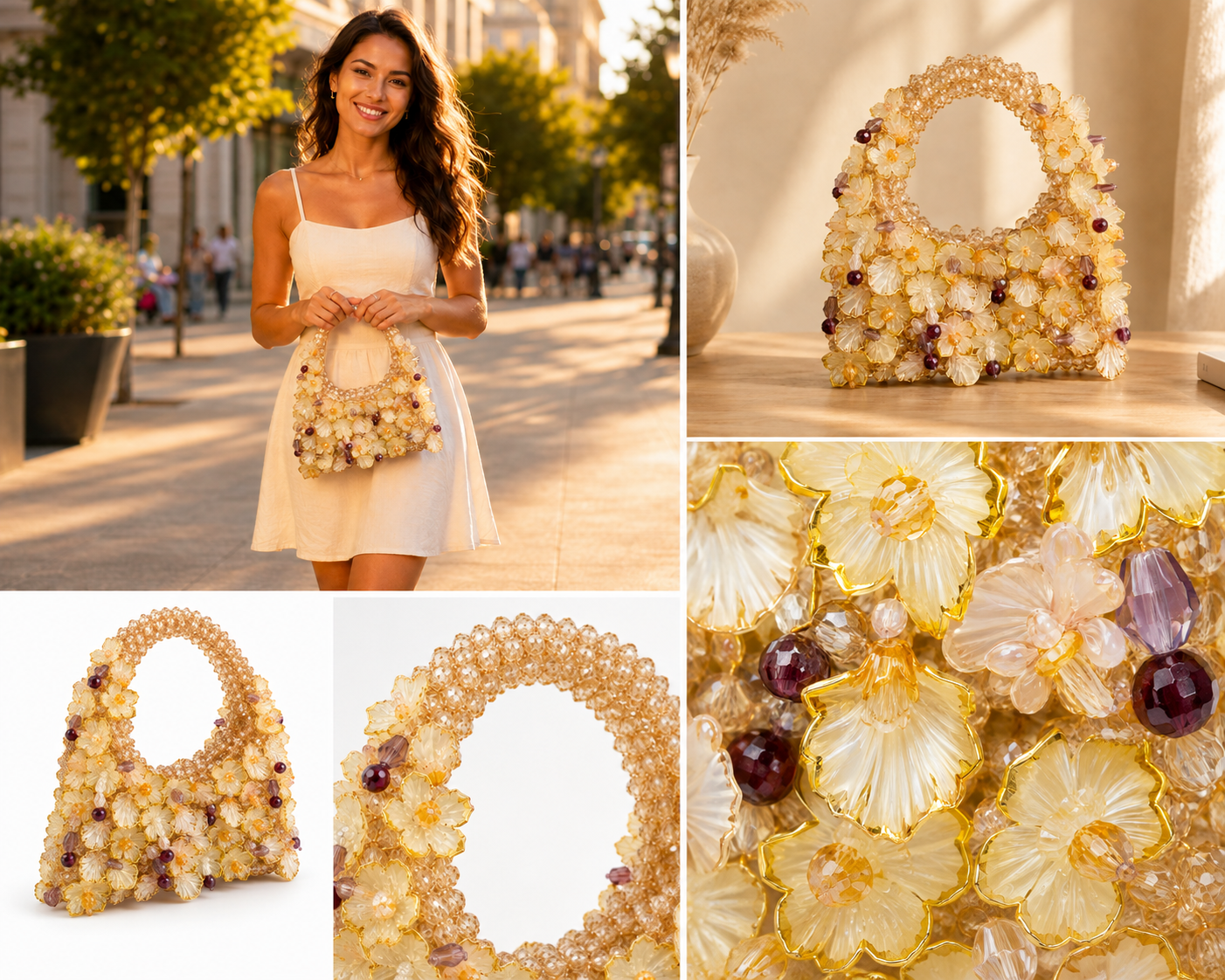 Champagne Gold Floral Beaded Handbag