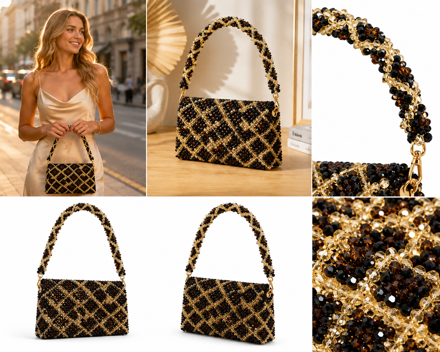 Black & Gold Diamond Beaded Handbag