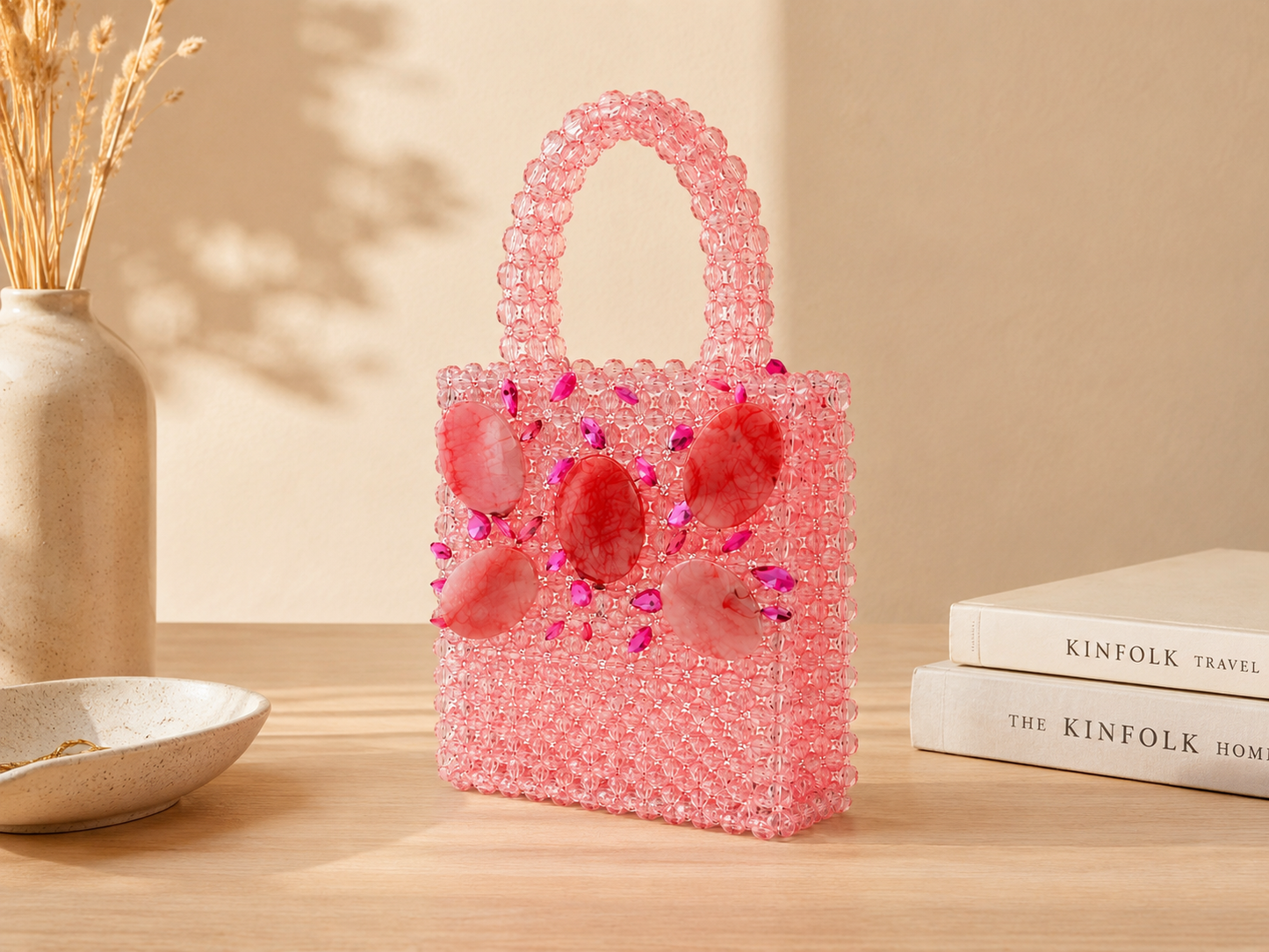 Pink Floral Crystal Beaded Handbag