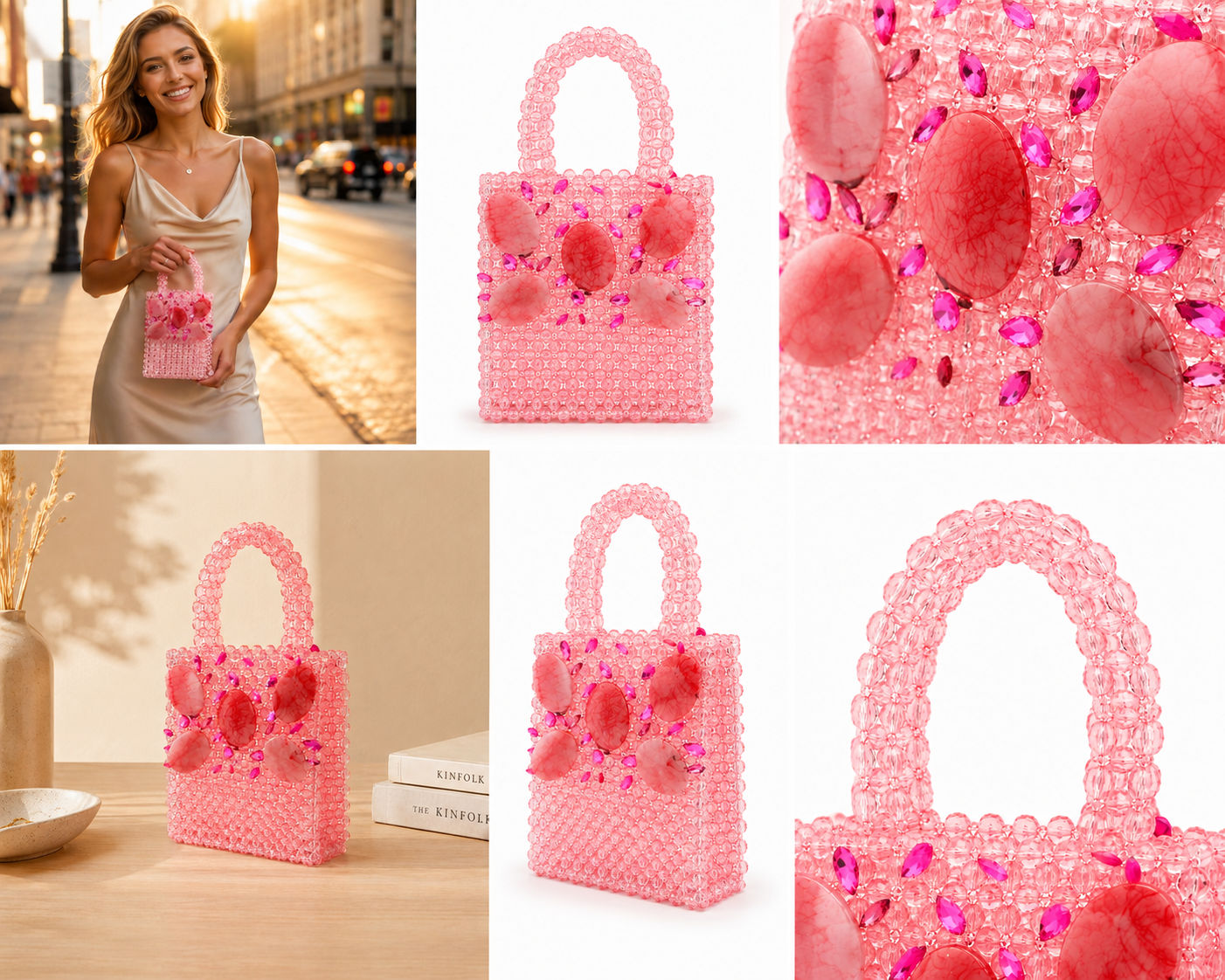 Pink Floral Crystal Beaded Handbag