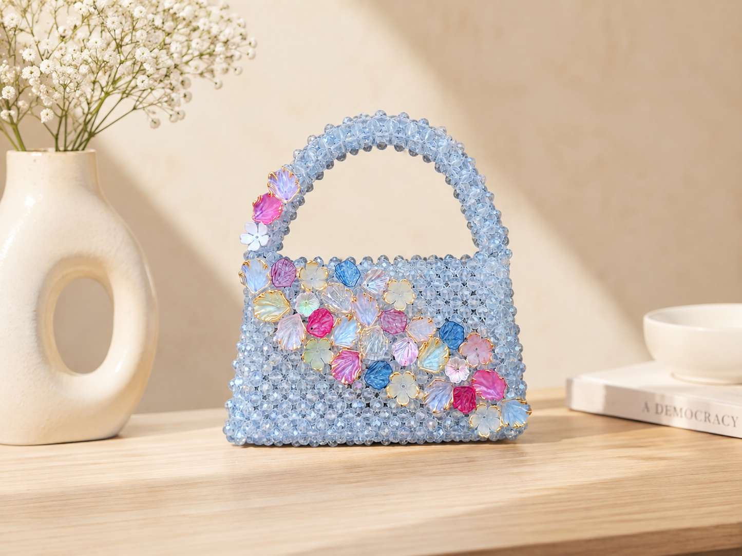 Sky Blue Floral Crystal Beaded Handbag