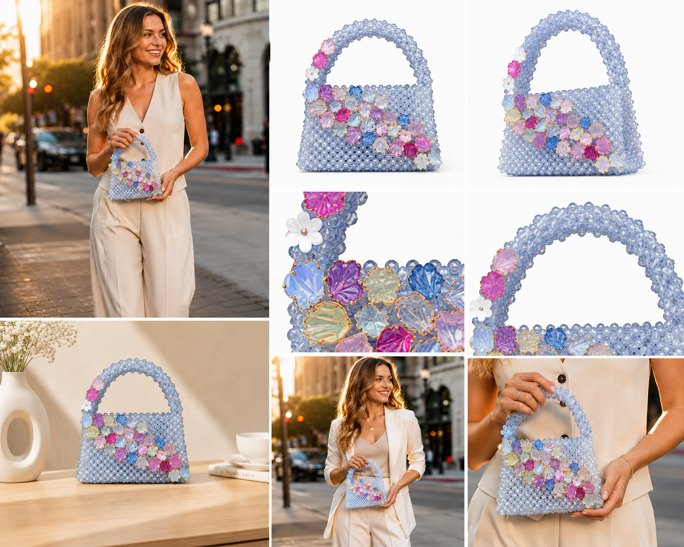 Sky Blue Floral Crystal Beaded Handbag