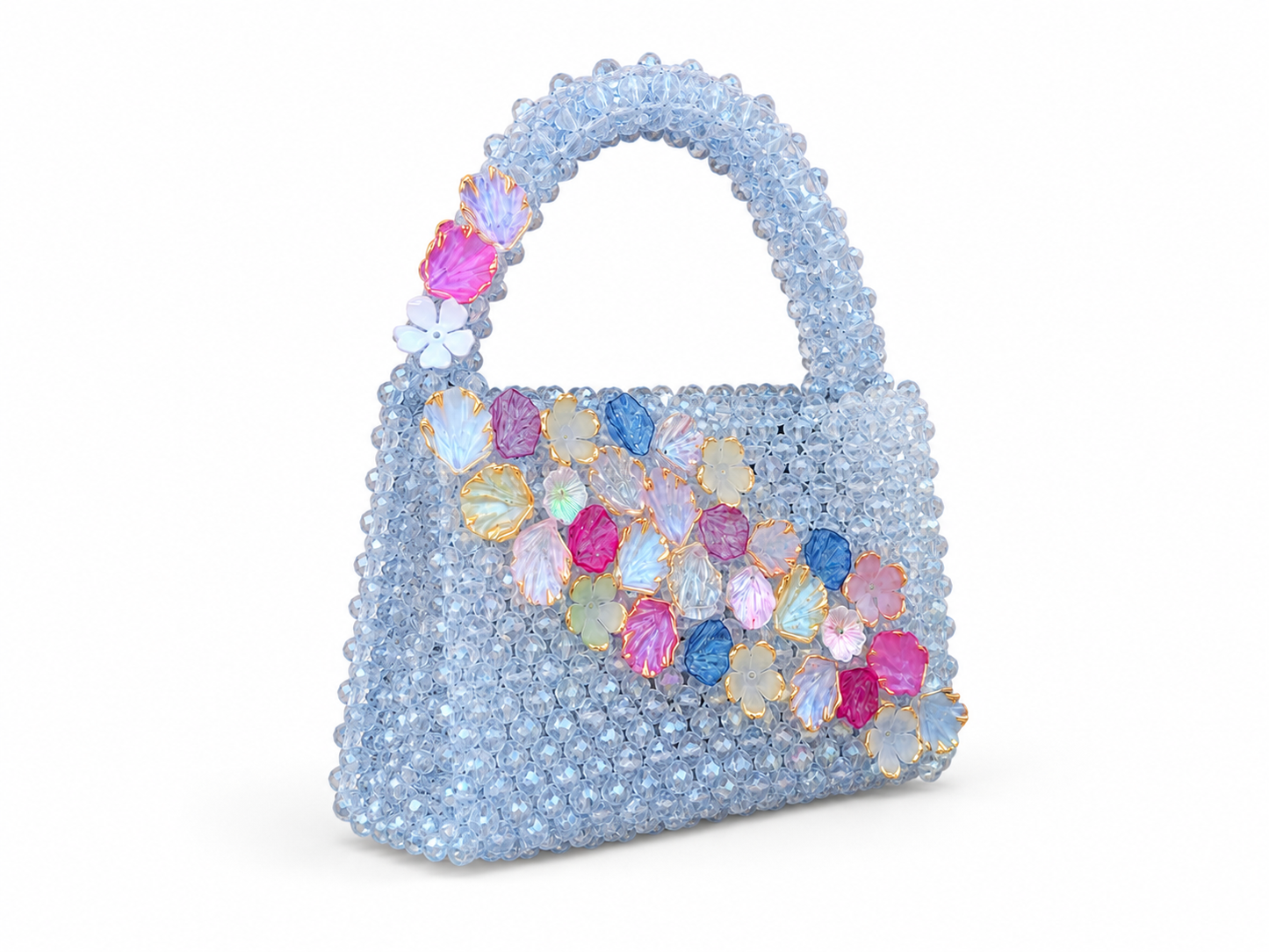 Sky Blue Floral Crystal Beaded Handbag