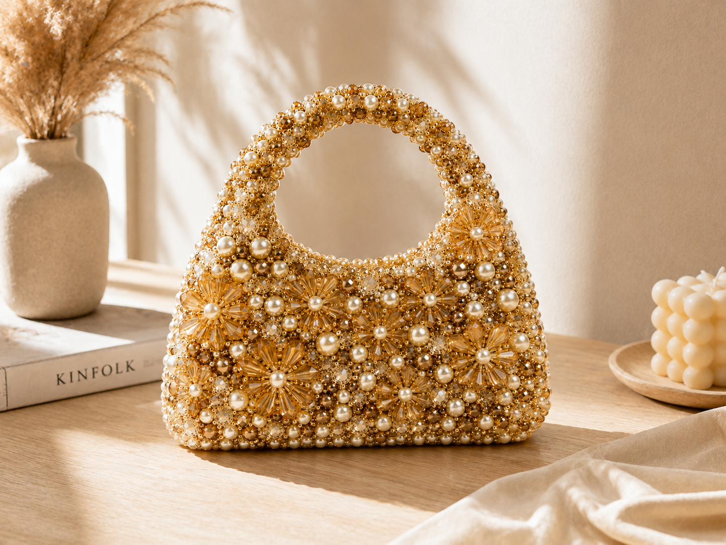 Champagne Gold Pearl Beaded Handbag
