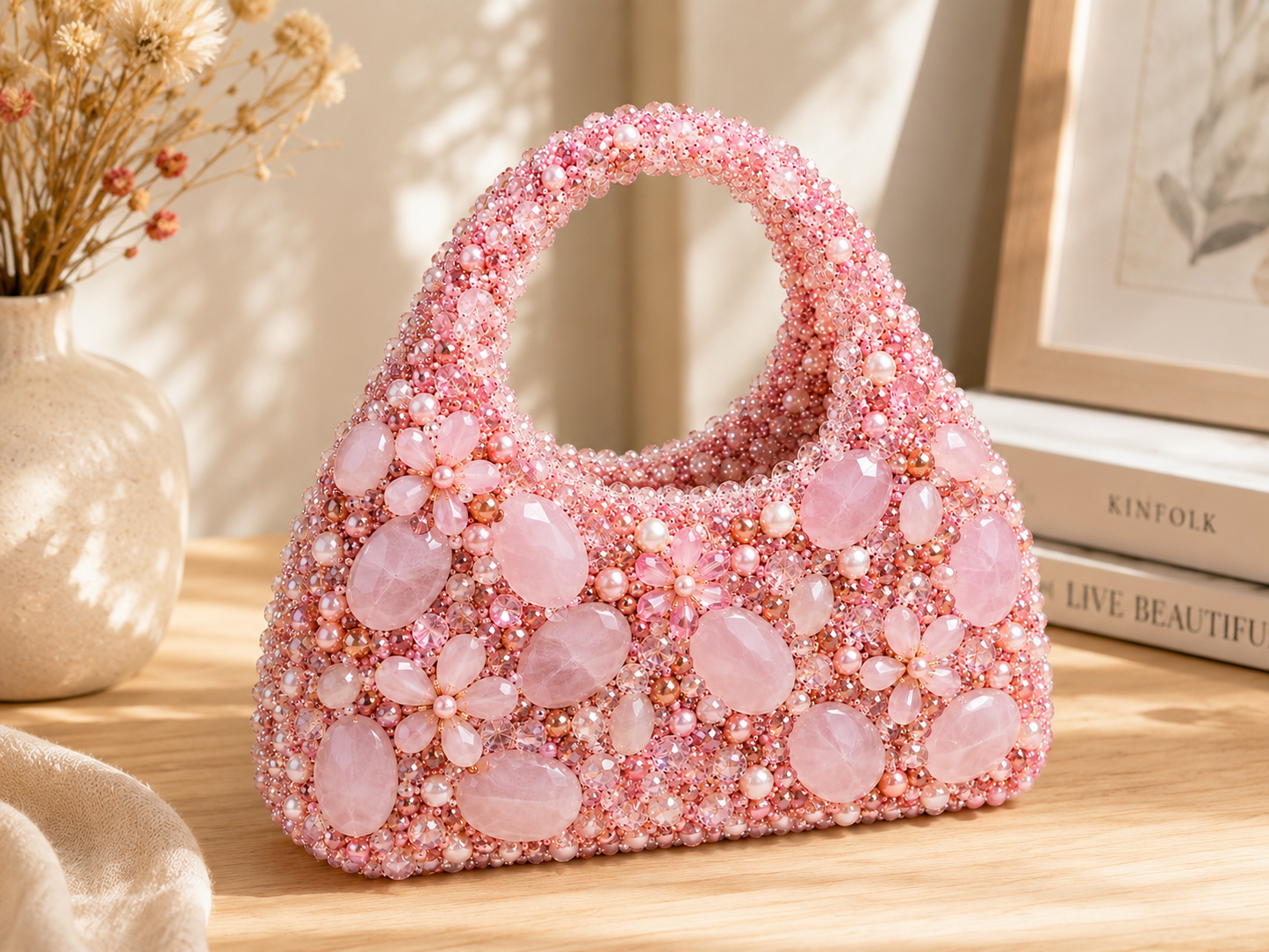 Blush Pink Crystal Beaded Handbag