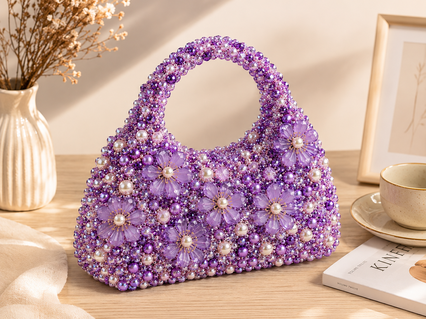 Purple Floral Pearl Beaded Handbag