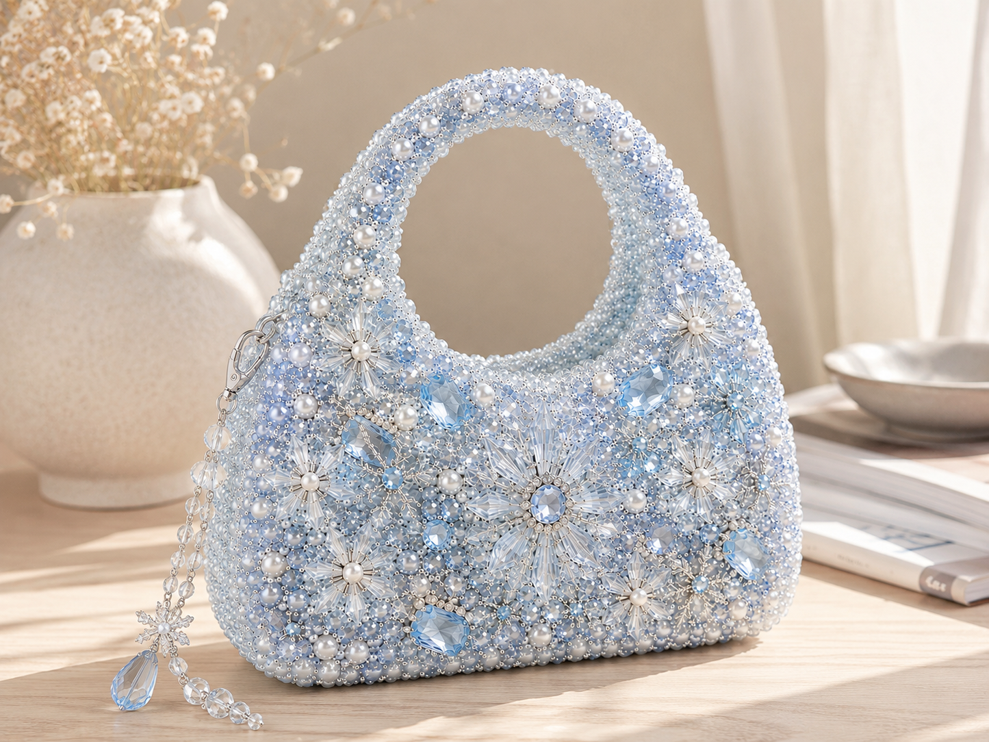Ice Blue Floral Crystal Beaded Handbag