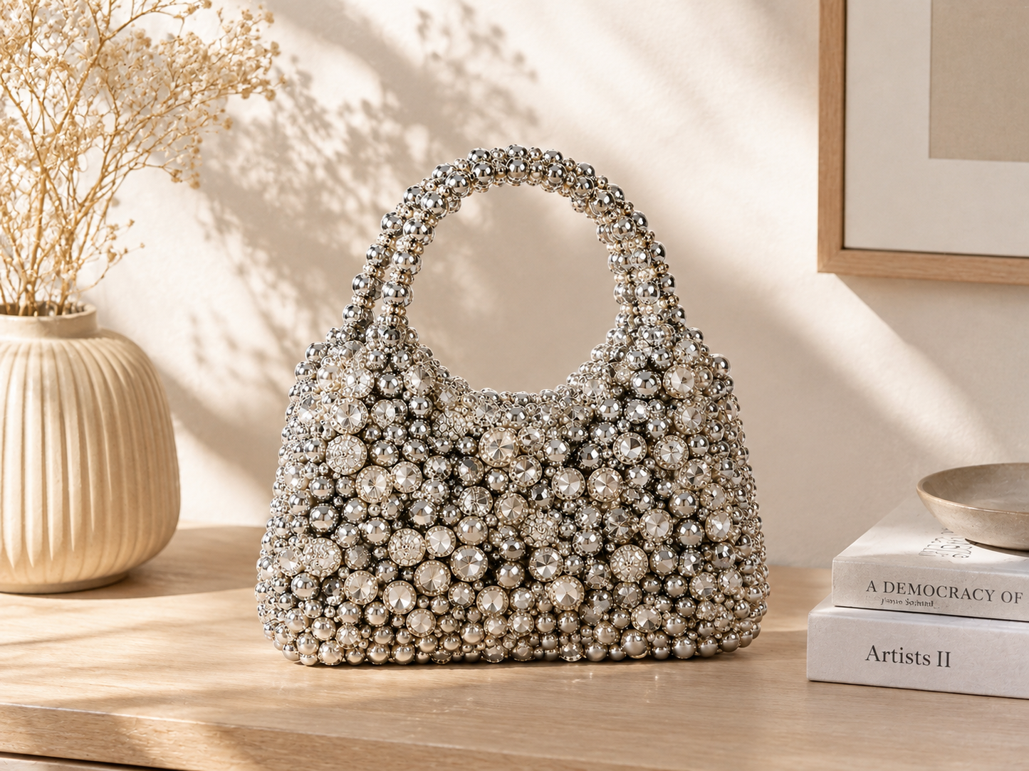 Silver Crystal Beaded Handbag
