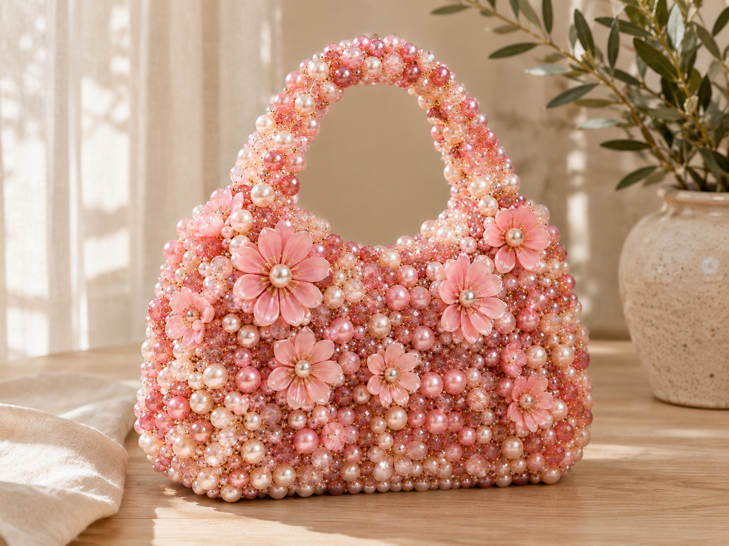 Blush Pink Floral Pearl Beaded Handbag