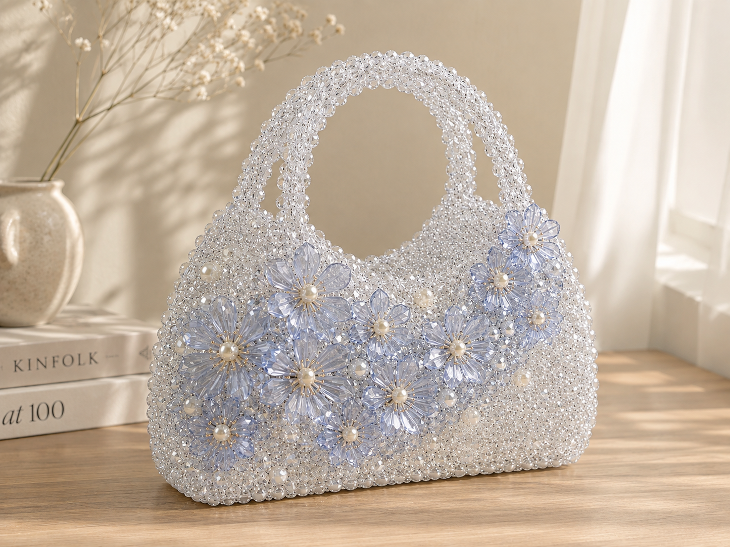 Ice Blue Floral Crystal Beaded Handbag