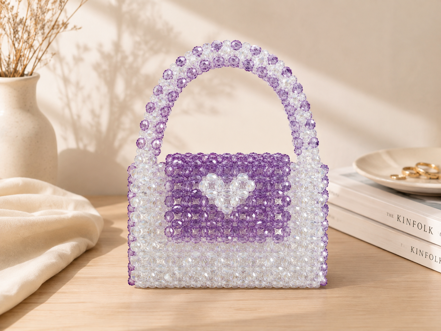 Lavender Heart Crystal Beaded Handbag