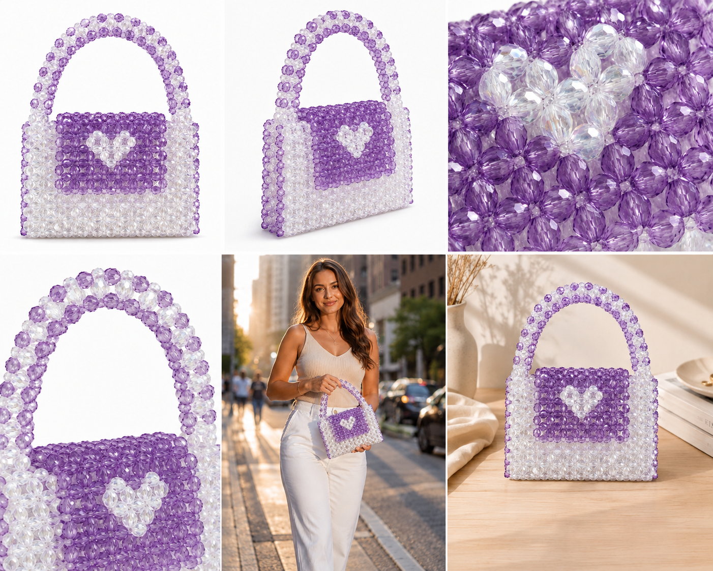 Lavender Heart Crystal Beaded Handbag