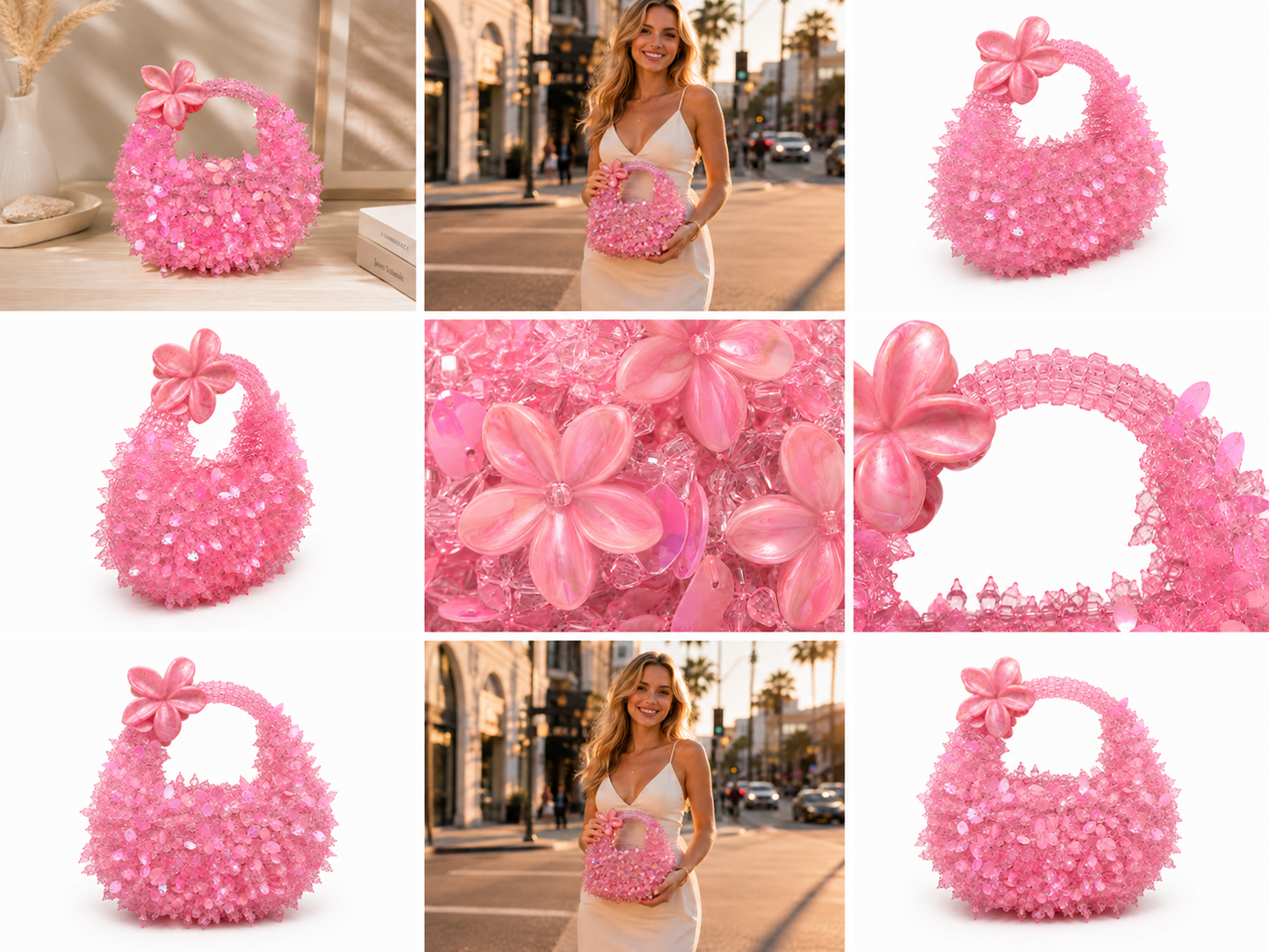 Rose Pink Floral Crystal Beaded Handbag