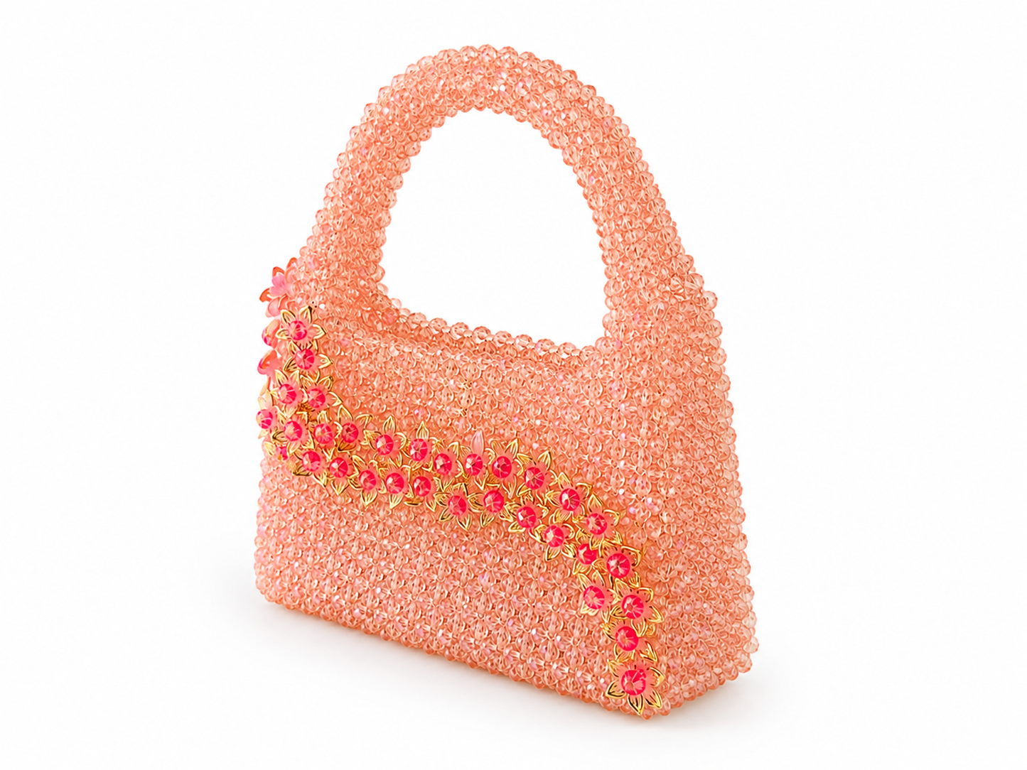 Peach Crystal Beaded Floral Handbag