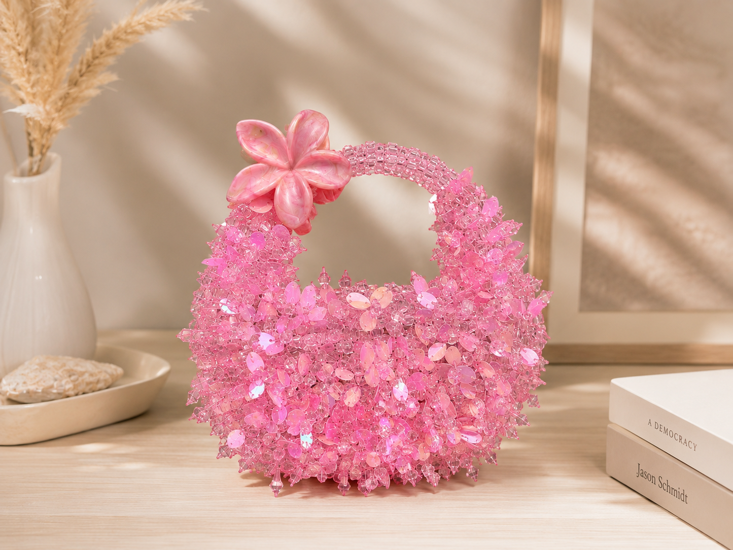 Rose Pink Floral Crystal Beaded Handbag