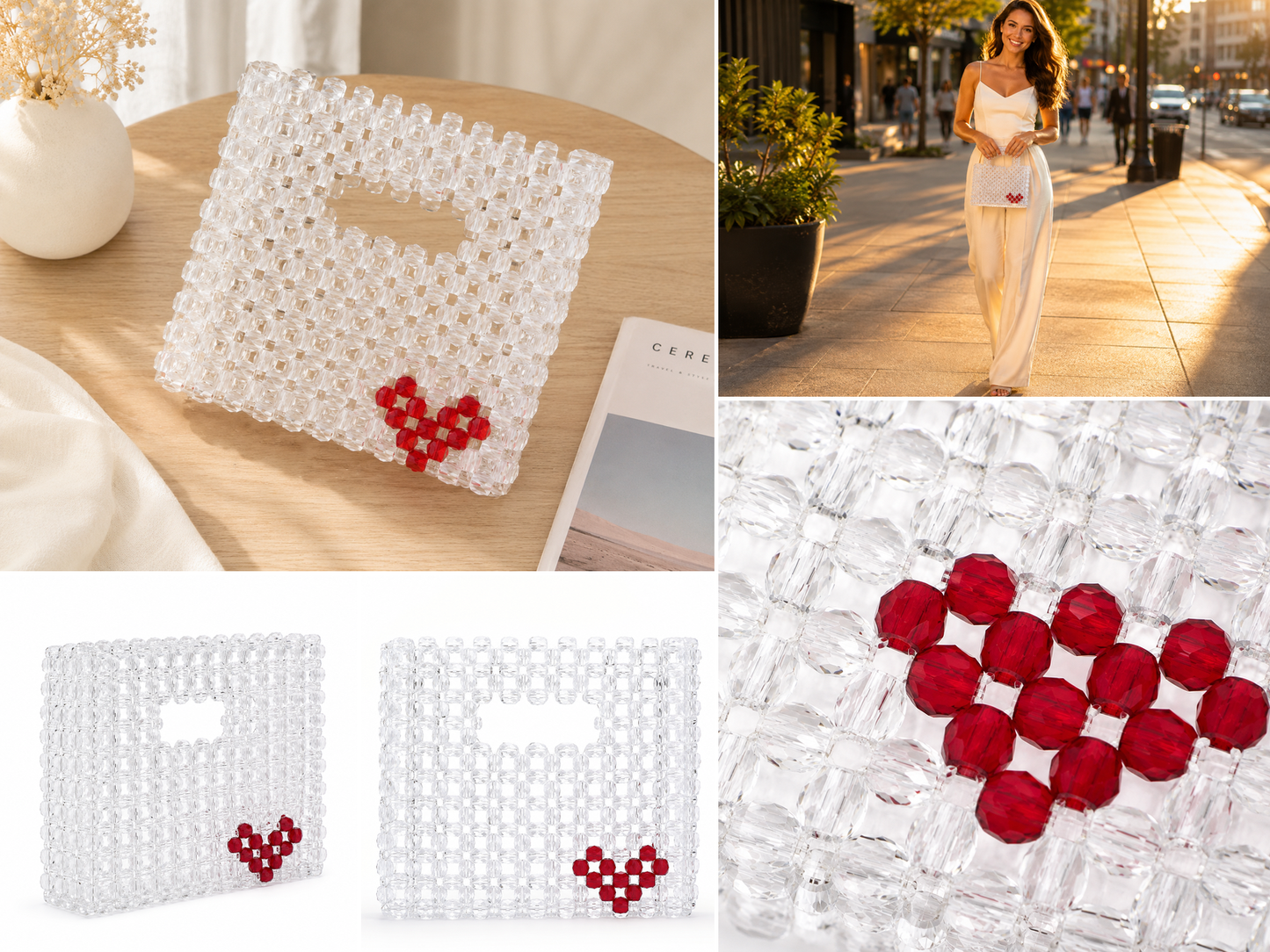 Crystal White Beaded Heart Handbag
